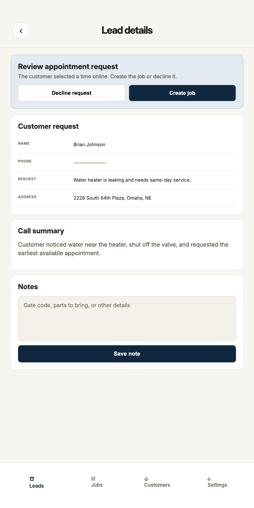 Handled Calls mobile request detail with call summary and notes.