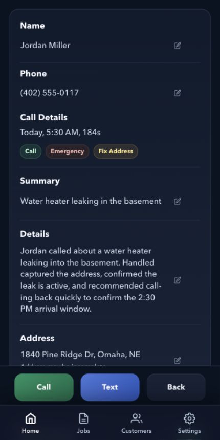 Handled Calls detail screen with caller name, phone, call details, urgency, summary, and address.