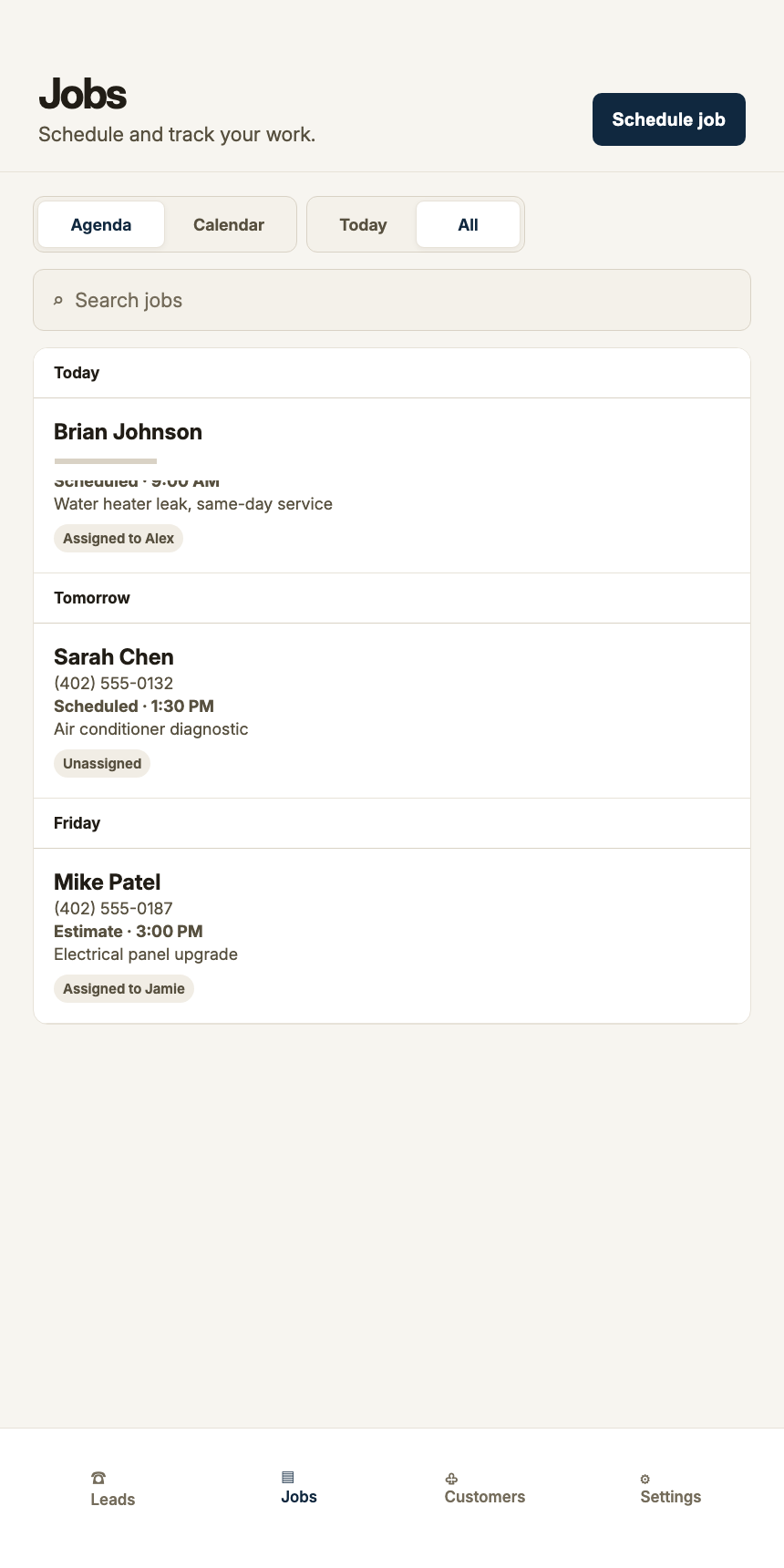 Handled Calls mobile jobs view showing scheduled work.