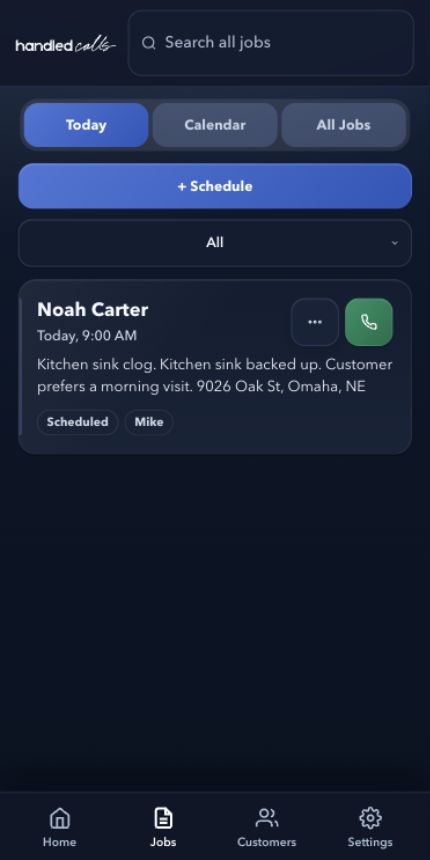 Handled Calls Jobs screen showing a scheduled job, search, filters, and team assignment.