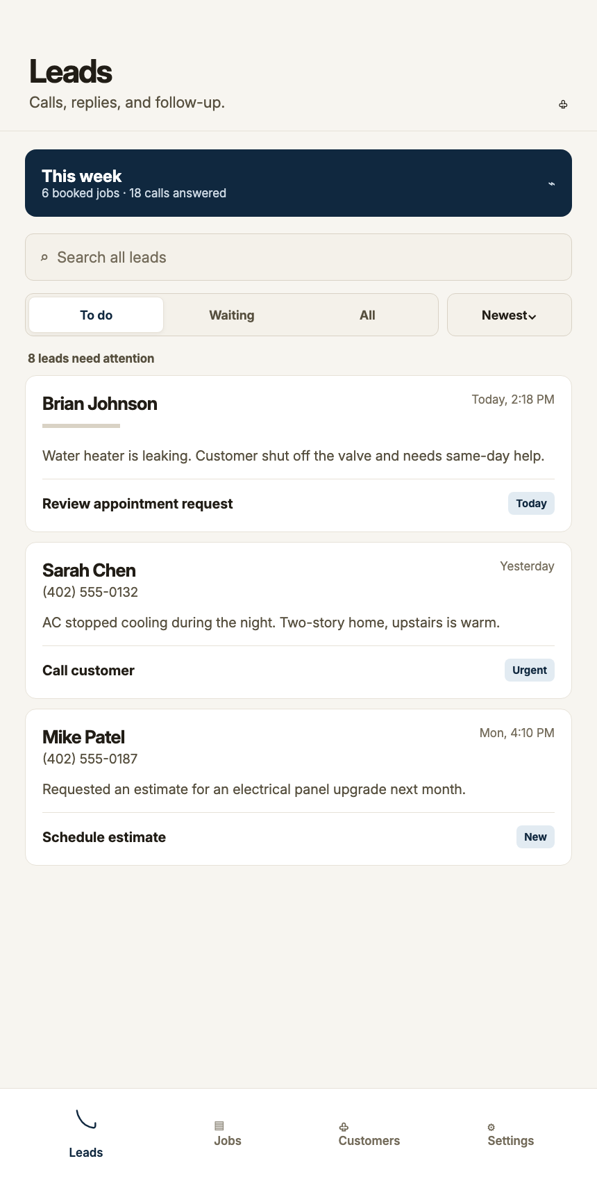 Handled Calls mobile lead list showing new customer requests and their next steps.