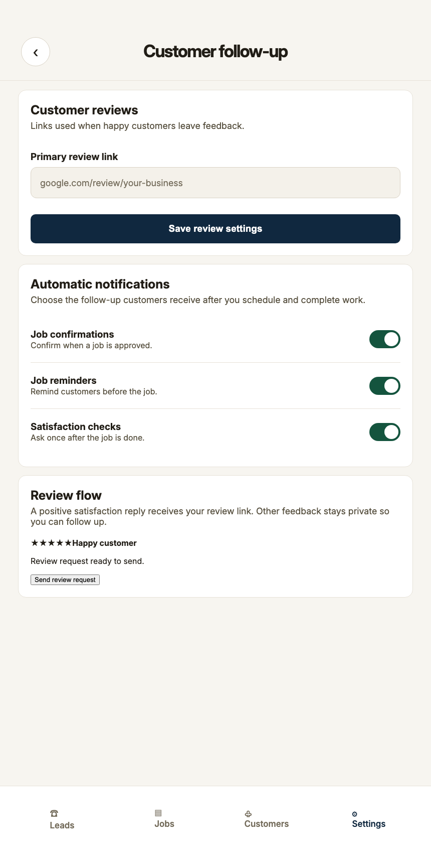 Handled Calls mobile review settings with satisfaction checks and review links.
