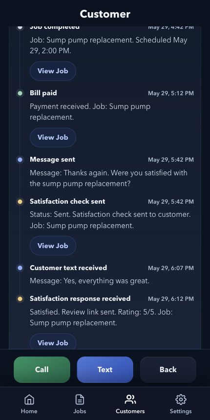Handled Calls customer history screen with satisfaction check and review workflow activity.