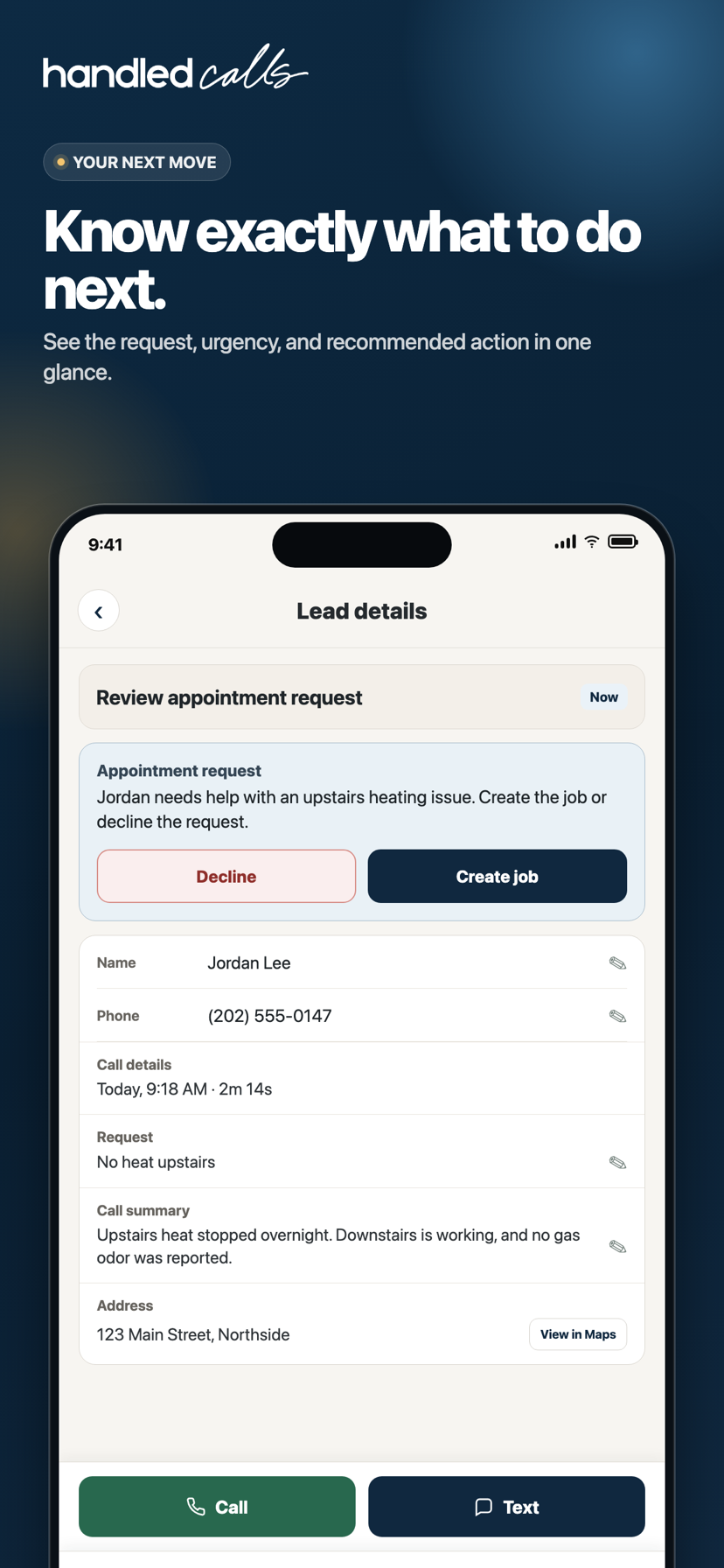Lead details page with the request, urgency, caller information, and next-step controls.