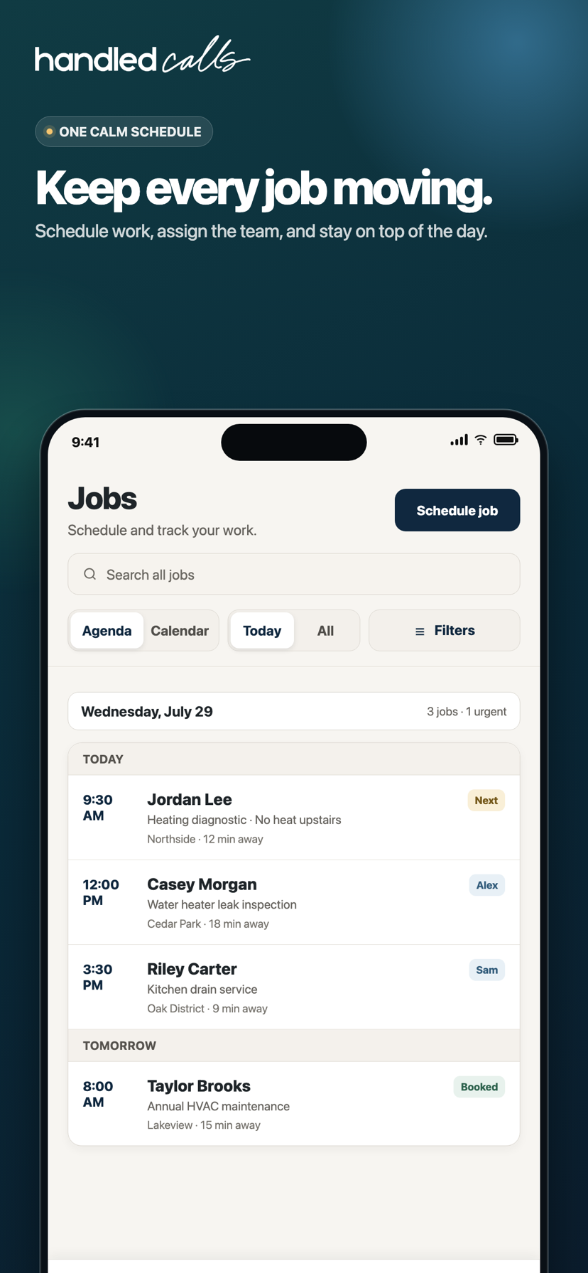 Jobs agenda showing scheduled work, times, team assignments, and status.