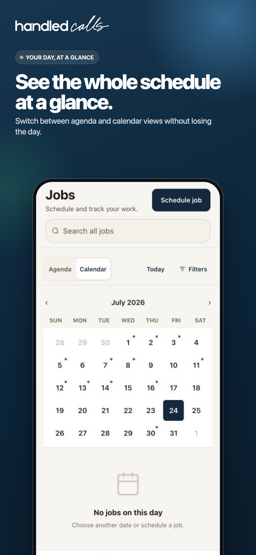Jobs calendar showing the month and days with scheduled work.
