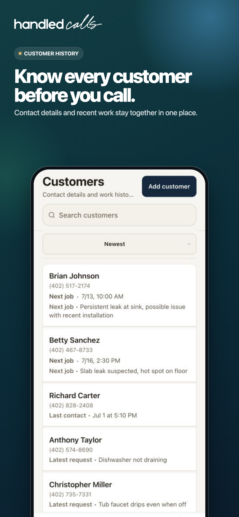 Customers page with contact details and the next job for each customer.