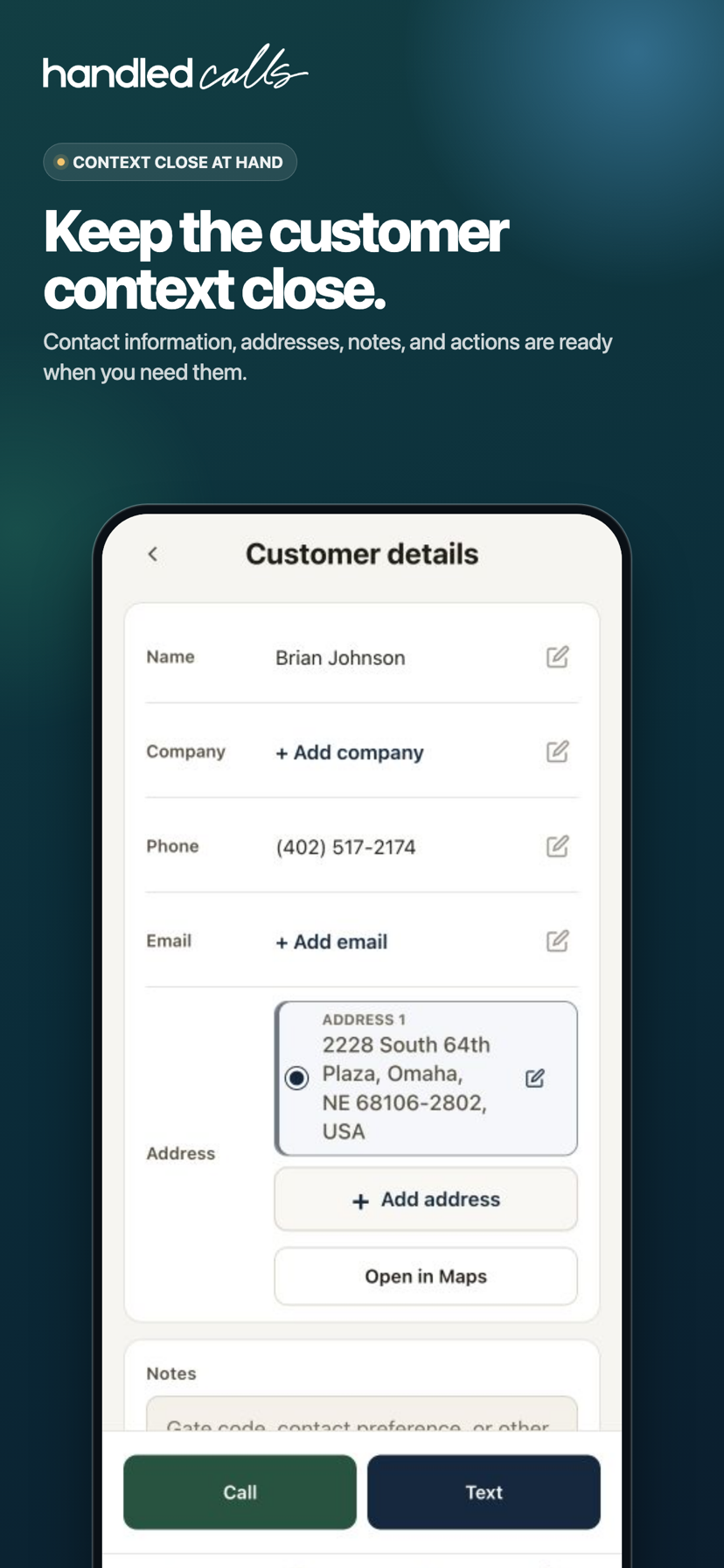 Customer details page with contact information, address, notes, and communication actions.