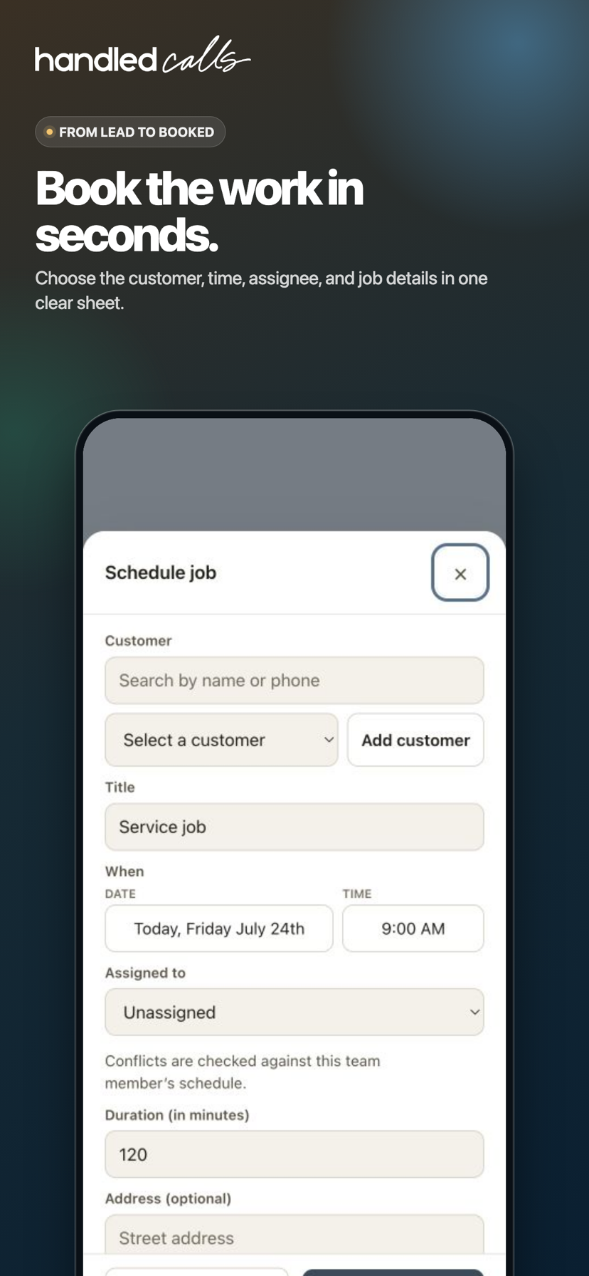 Schedule job form with customer selection, an Add customer option, date, time, team member, and job details.
