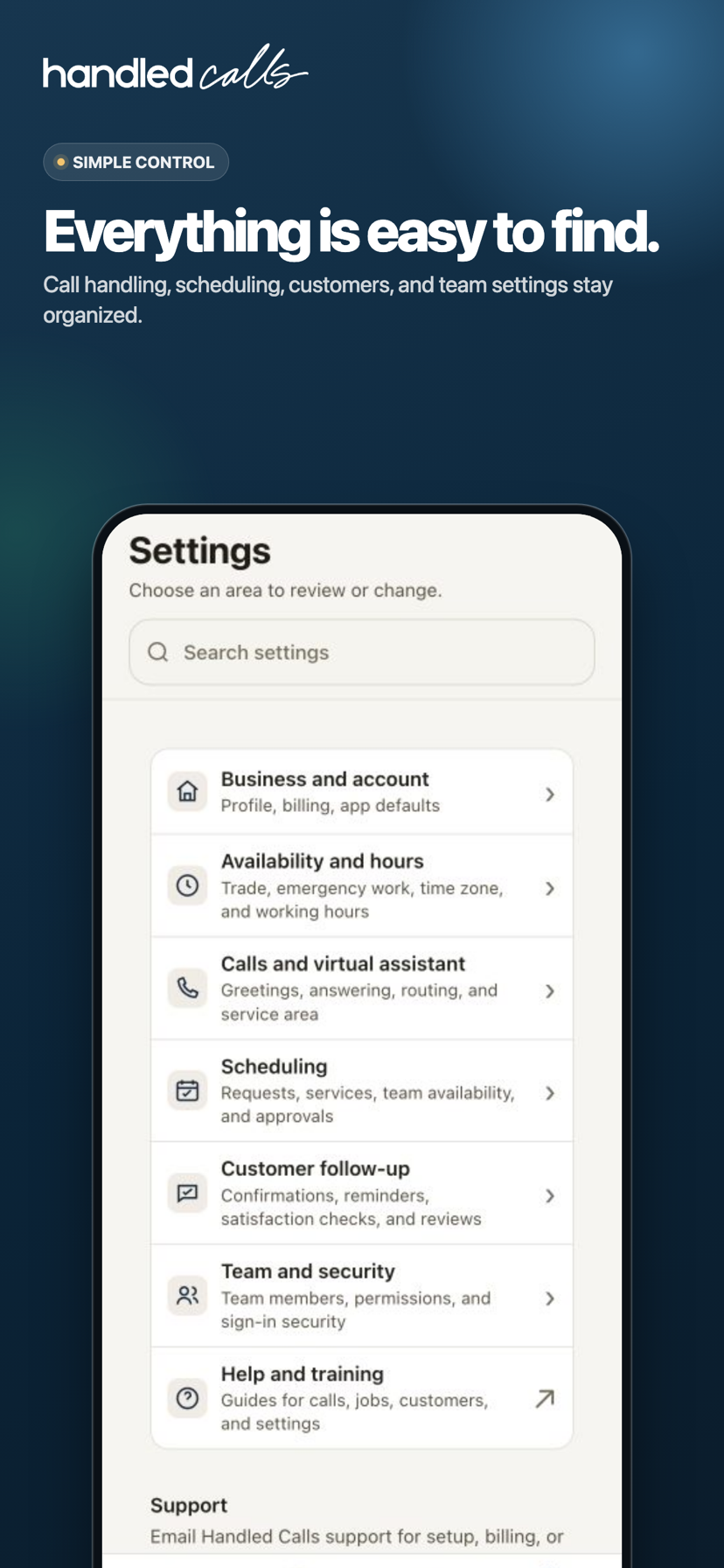 Settings page organizing business, availability, calls, scheduling, follow-up, team, and help options.