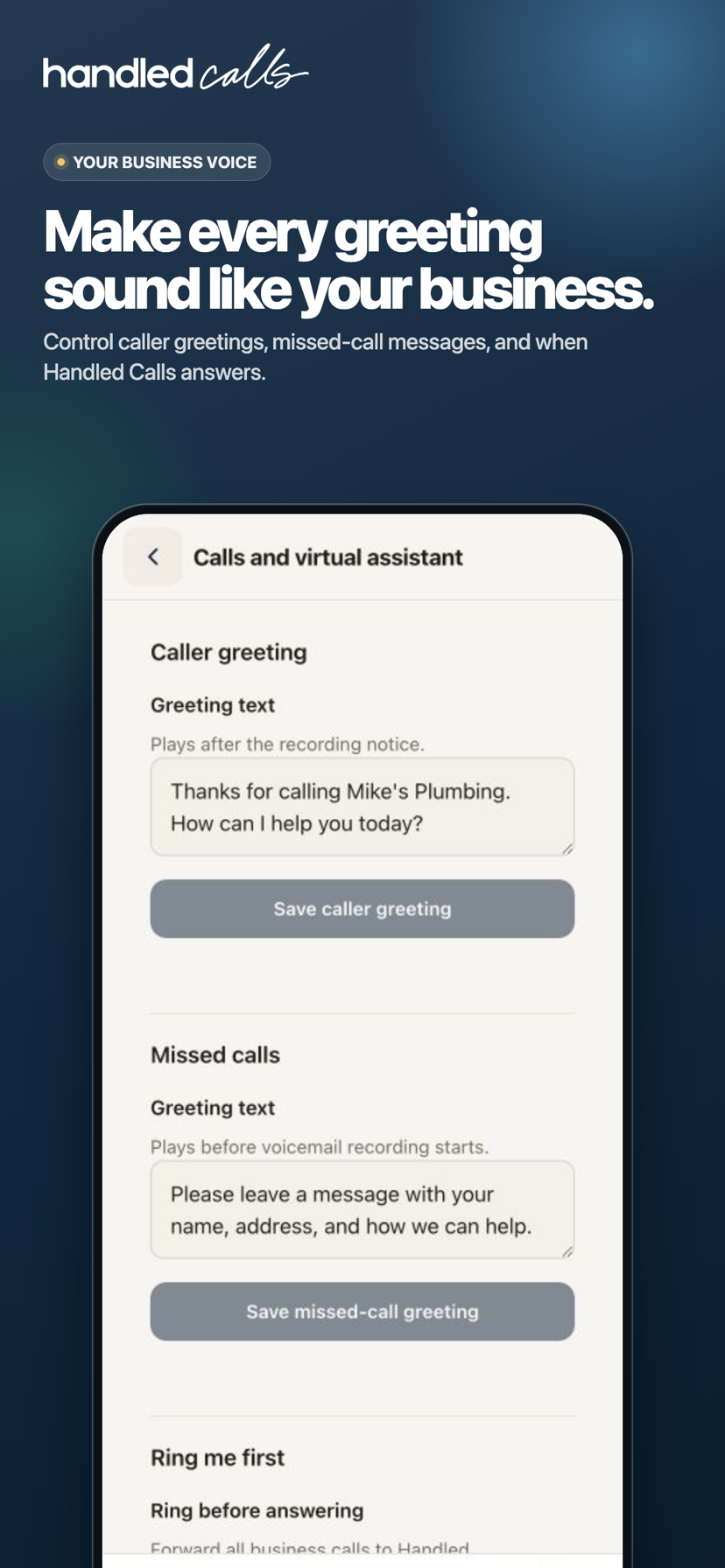 Calls and virtual assistant settings with caller greeting and missed-call options.