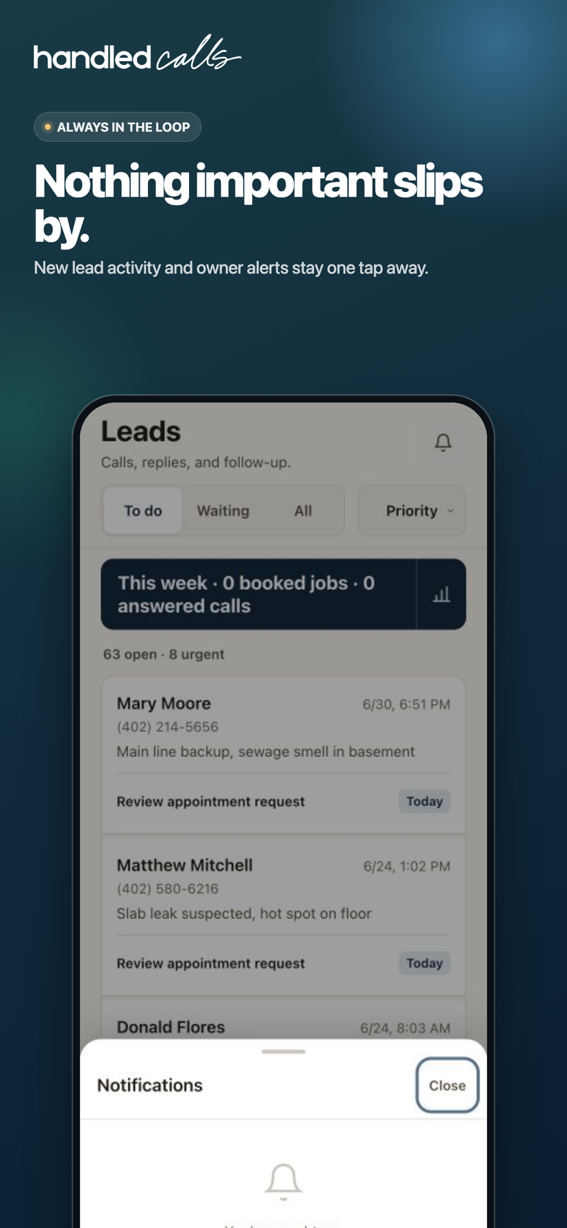Notifications panel over the Leads page for new activity and owner alerts.