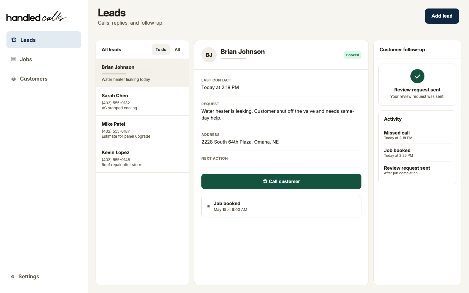 Handled Calls desktop workspace showing customer requests, jobs, and follow-up.