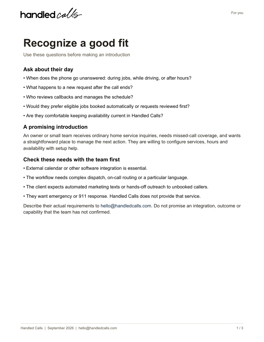 First page of Client fit and questions