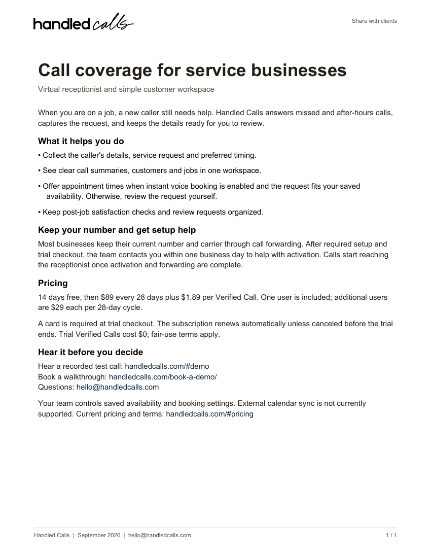 First page of One-page client overview